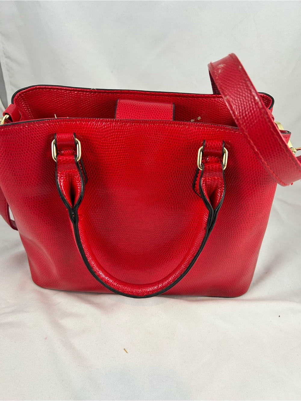 Red Structured Leather Satchel Handbag